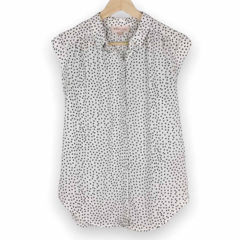 Philosophy Black White Star Print Pattern Cap Sleeve Blouse Top Shirt Small S